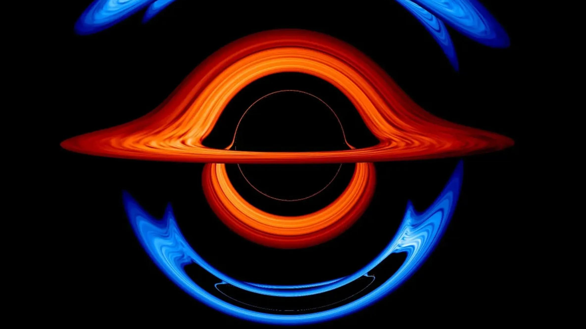 A blue and orange circular black hole on a black background 