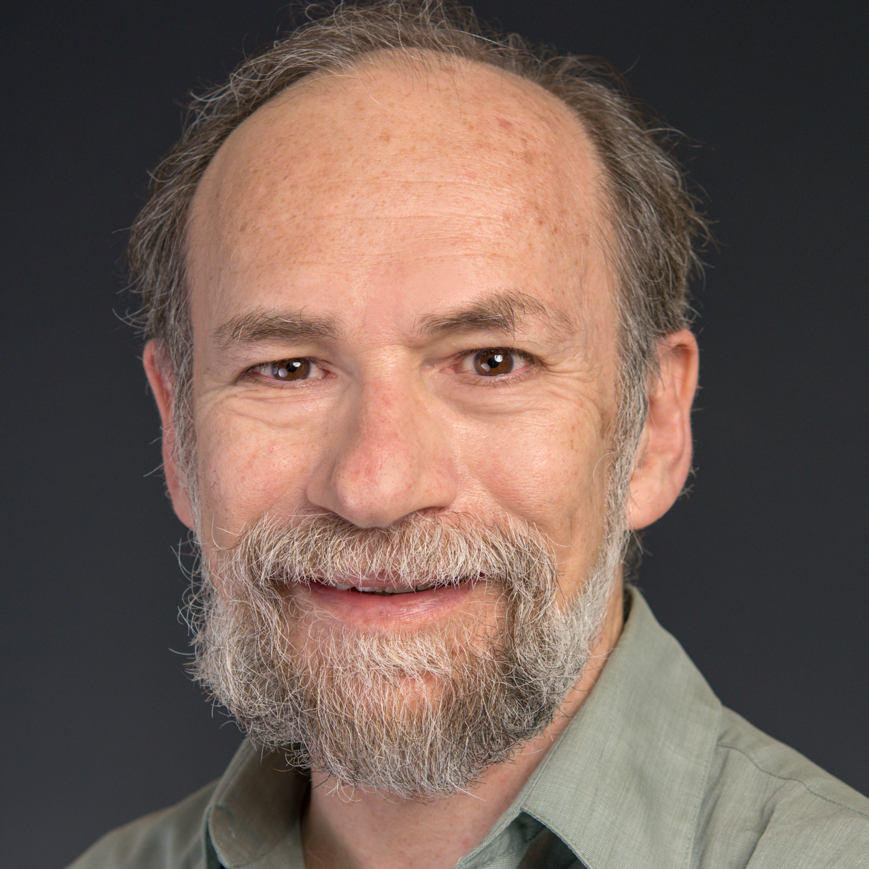 A man with a beard and collared shirt smiles.