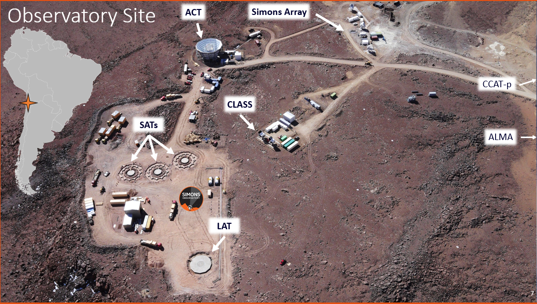 Aerial view of an astronomical observatory in a desert, with an inset map of Chile